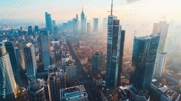 Fototapeta A breathtaking aerial view of a modern city skyline at dawn, showcasing an array of high-rise buildings under a foggy and vibrant sky, exuding urban energy and innovation.