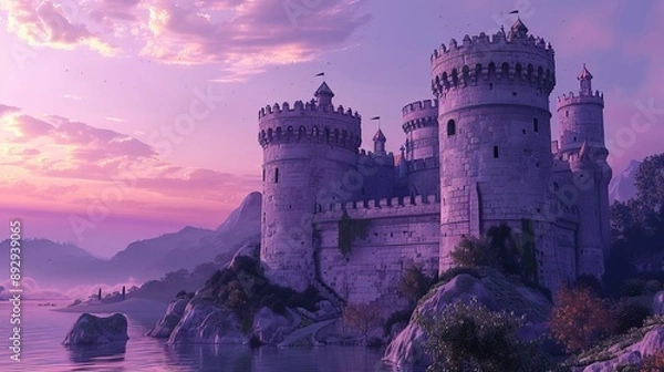 Fototapeta A stately, majestic castle overlooks a tranquil body of water, with a captivating purple sky providing a serene backdrop. The scene resonates with timeless elegance and peace.