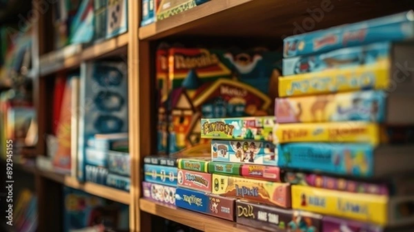 Obraz Shelves filled with colorful board games in cozy room