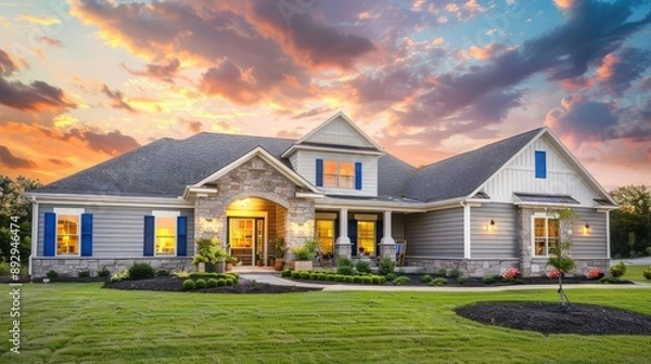 Fototapeta Stunning luxury home with a spacious front porch, grey cladding, white stone walls, blue shutters, lush landscaping, green grass, and sunset sky.