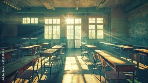 Obraz An empty high school classroom with desks and chairs arranged in rows, bathed in soft sunlight filtering through the windows. The chalkboard is blank on one side of the room, symbolizing an 