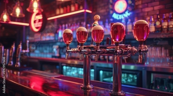 Fototapeta Unique beer tap handles in a trendy bar, offering a stylish vibe.