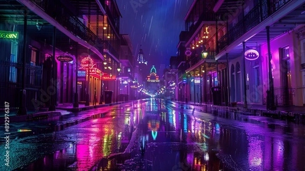 Fototapeta A neon-lit street with bright signs and wet pavement reflecting the vibrant colors, captured at night. The atmosphere is moody and evokes a sense of solitude amidst the lights.