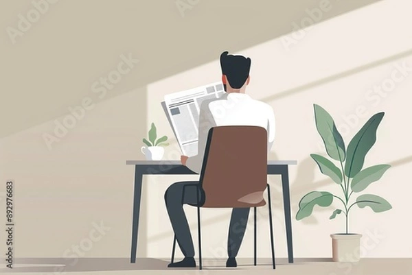 Fototapeta Man Reading Newspaper at a Table