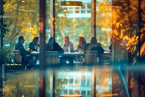 Fototapeta Group of business professionals engaged in a meeting around a conference table in a modern office with large windows. The autumn foliage outside adds a warm, 