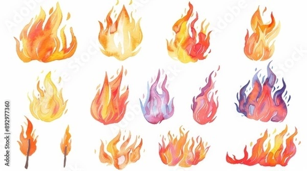 Fototapeta Fire flames set. White background. Watercolor illustrations