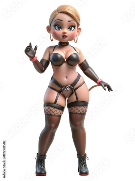 Obraz Beautiful plastic doll in black latex bikini, choker, 3D style