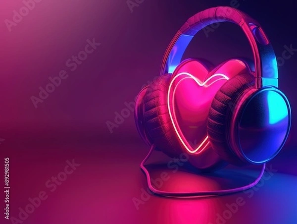Fototapeta 3D Heart with Headphones and Sound Wave Background, Valentine's Day Banner Design Concept with Vibrant Colors and Copy Space. High Resolution Graphic for Romantic Poster or Card, Featuring Audio 