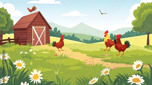 Fototapeta Colorful cartoon image of chickens, a barn, and daisies under a bright sunny sky, illustrating a cheerful and playful rural farm scenery in an animated style.