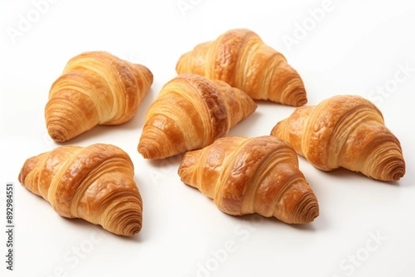 Fototapeta six croissants placed on a white table.