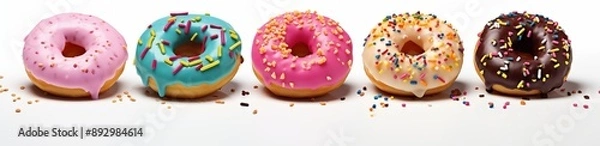 Fototapeta  Assorted donuts with colorful sprinkles lined up in a row.