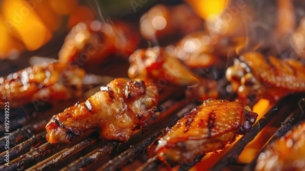 Fototapeta Grilled chicken wings sizzling on barbecue with flames in background