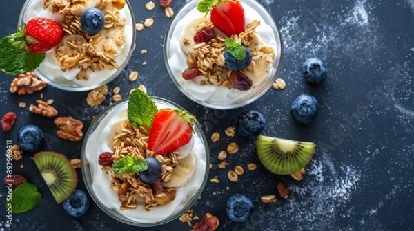 Fototapeta Homemade granola with nuts and raisins, kiwi, blueberries, banana, strawberries and plain yogurt. Top view. Concept of healthy lifestyle, dieting, healthy eating and breakfast.