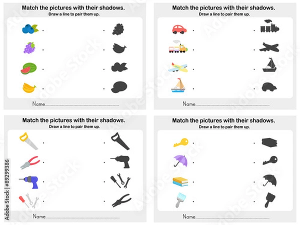 Obraz Match object shadow 4 sheet - Worksheet for education