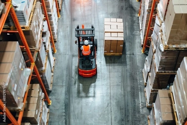 Fototapeta Forklift Operator Navigating a Warehouse Aisle