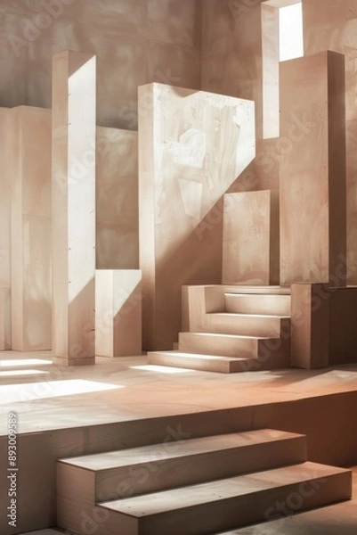 Fototapeta A stage with a plain, neutral-colored floor and backdrop, featuring a few strategically placed geometric shapes or panels in muted tones.