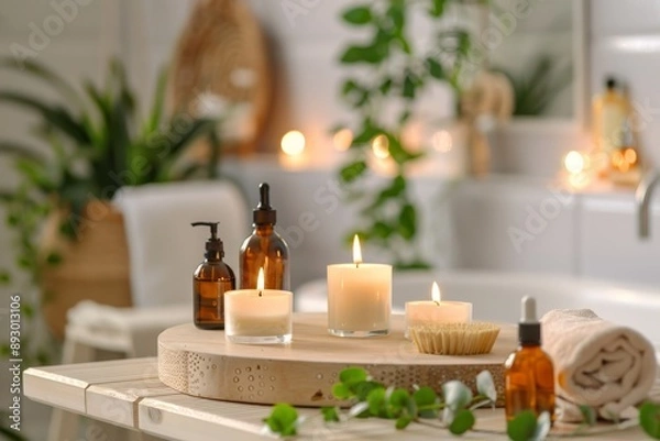 Fototapeta Spa Relaxation: Candles, Oils, and Natural Elements