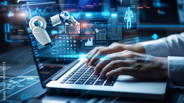 Fototapeta Person using laptop with robotic arm and digital data visuals. Perfect for technology, artificial intelligence, innovation, and futuristic concepts.