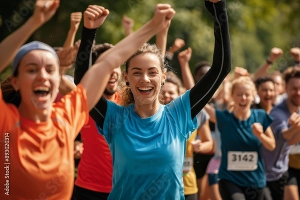 Fototapeta Joyful Crowd Celebrating a Running Race Finish