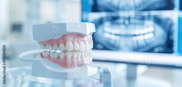 Fototapeta Close-up of a dental model showcasing teeth alignment in a modern dental clinic with X-ray images in the background. healthcare at our state-of-the-art dentistry clinic