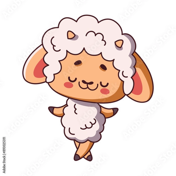 Fototapeta Dreaming little sheep dancing color vector illustration. Story character. Kawaii lamp enjoying festive holiday icon on white background