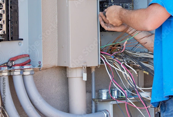 Obraz Electrician installing a transfer panel for a whole house generator