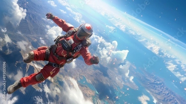 Obraz A Man in a Red Jumpsuit Skydiving Over the Clouds and Earth - Generative AI
