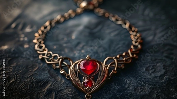 Fototapeta A Close up of a Necklace With a Red Stone and Gold Plated Chain - Generative AI