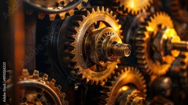 Fototapeta Close-up of gears and cogs in motion