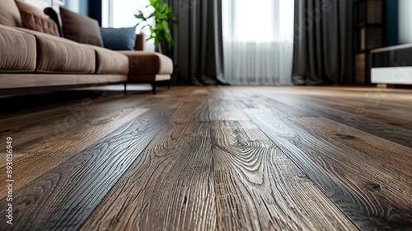Obraz Luxurious hardwood flooring with intricate oak grain patterns, rich brown tones, and a smooth, polished surface adorning a contemporary living room 