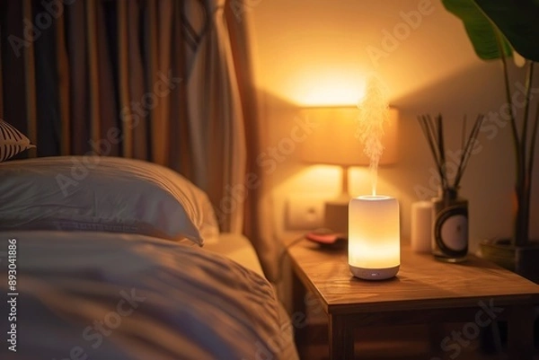 Fototapeta Aromatherapy Diffuser on a Nightstand with Warm Lighting