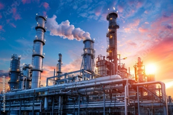 Fototapeta A powerful image of a gas processing plant with cooling towers emitting steam into the sky