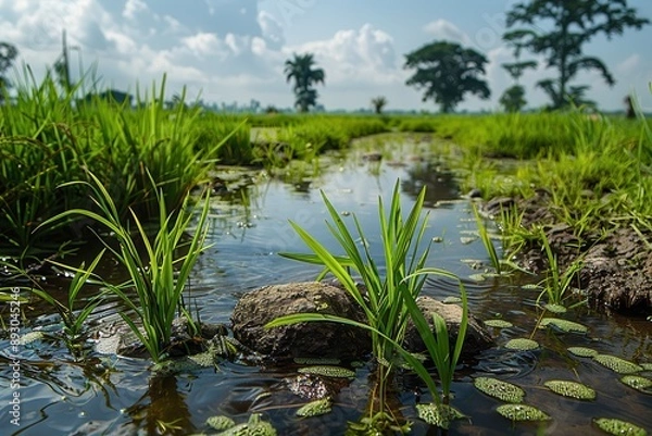 Fototapeta Serene Scene of Verdant Rice Field with Emerging Seedlings