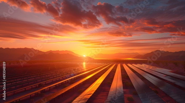 Fototapeta A vast area filled with enormous solar panels in a desert landscape at sunset. Gives a feeling of technological progress, clean energy for use in advertising renewable energy and green technology.