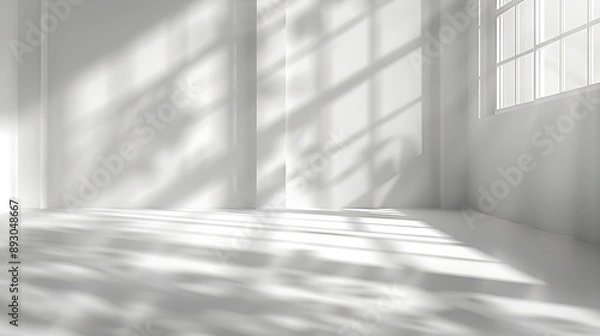 Obraz Abstract White Studio Background for Product Presentation with Window Shadows and Sunlight Blurred Backdrop Empty Room With Copy Space : Generative AI
