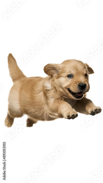 Fototapeta Recorte sin fondo del cuerpo entero de un cachorro golden retriever saltando alegre un obstaculo de lado reescalado 8k