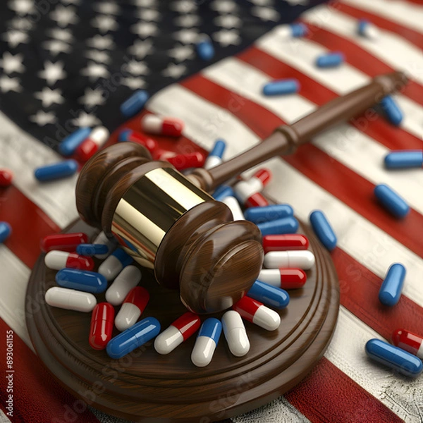 Fototapeta A wooden gavel sits on a wooden platform with a pile of pills on top of it. The pills are in various colors, including red, blue, and white. The scene suggests a courtroom setting