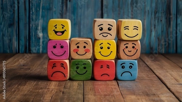 Fototapeta concept of Different emotions drawn on colorful cubes, wooden background.
