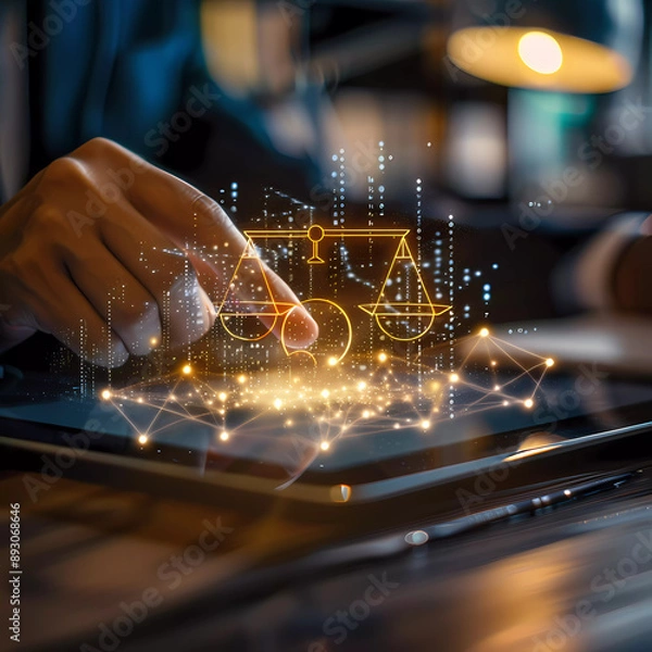 Fototapeta Generative AI A lawyer reviewing a digital smart contract on a tablet in a modern office, symbolizing the transformation of legal processes through blockchain technology, natural light