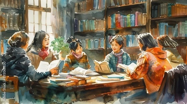 Obraz Group of women reading books in a library setting.