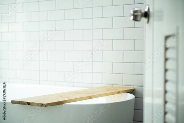 Fototapeta blur door handles of Modern bath room with wooden shelf on bath empty and white interior design