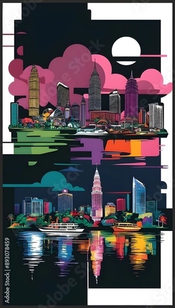 Obraz realistic digital painting in nighlife city, papercut art with blending color