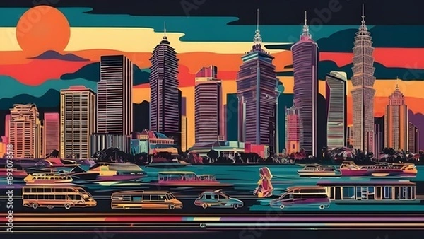 Obraz realistic digital painting in nighlife city, papercut art with blending color