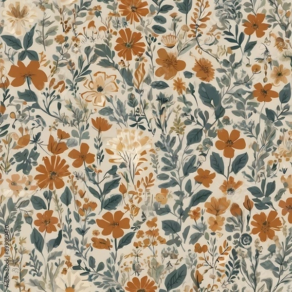 Fototapeta A gender-neutral baby floral pattern in a simple whimsical earthy two-tone color. Ideal for nursery walls or fashion prints all over a nursery. Generative AI 