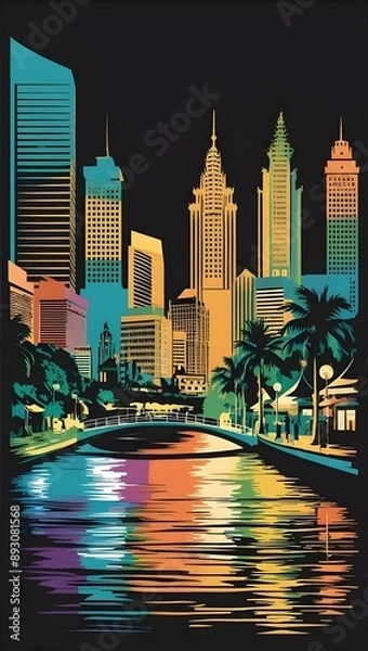 Obraz realistic digital painting in nighlife city, papercut art with blending color