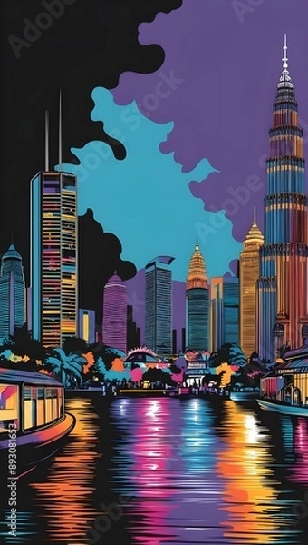 Obraz realistic digital painting in nighlife city, papercut art with blending color