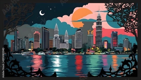 Obraz realistic digital painting in nighlife city, papercut art with blending color