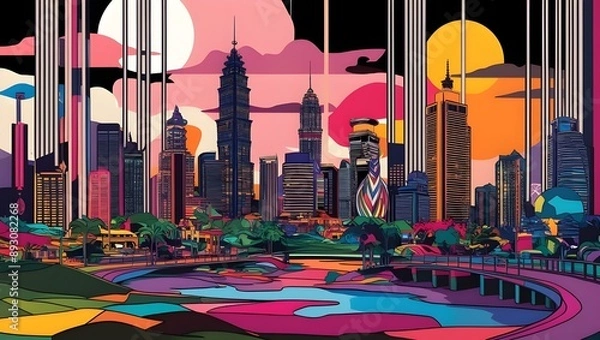 Obraz realistic digital painting in nighlife city, papercut art with blending color