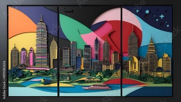 Obraz realistic digital painting in nighlife city, papercut art with blending color