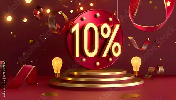 Fototapeta Festive discount concept with illuminated 10% sign, lights, gold ribbons, and decorative elements for promotion and sales events.